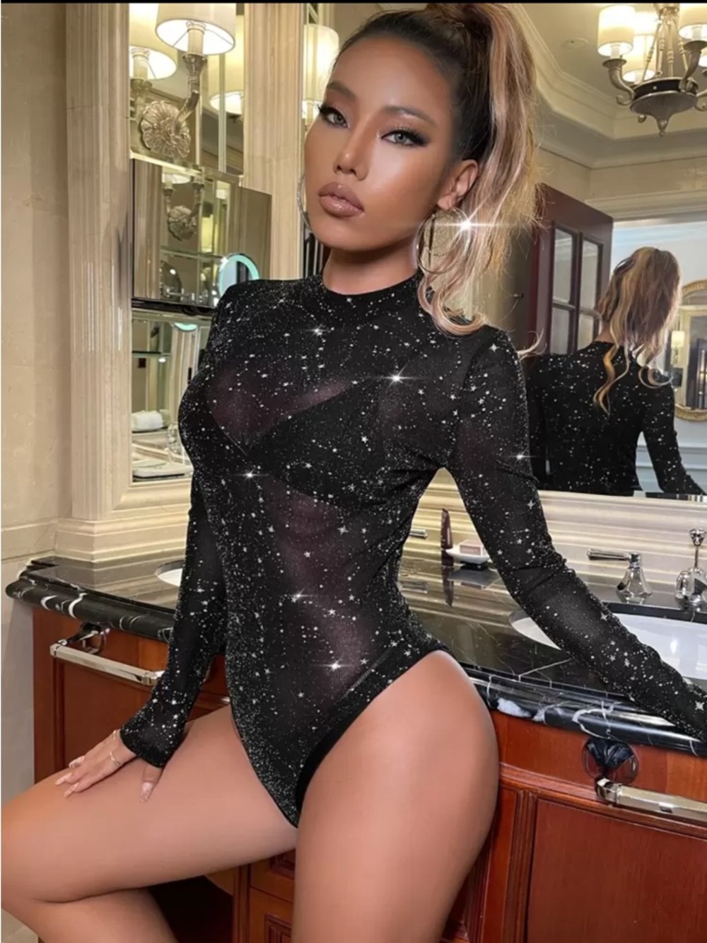 NWT Black and White Starry Mesh Longsleeve Bodysuit - Picture 4 of 8